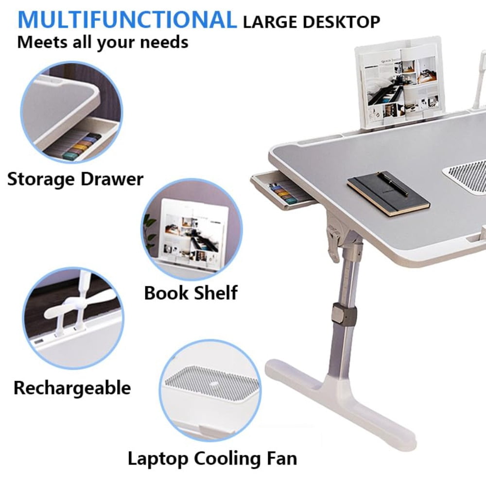 Laptop Desk for Bed Height Adjustable, Lap Bed Table with Cooling Fan/USB/Storage Drawer/Cup Holder/Tablet Stand/Book Shelf, Foldable Breakfast Tray Portable for Reading Writing, Sofa and Floor