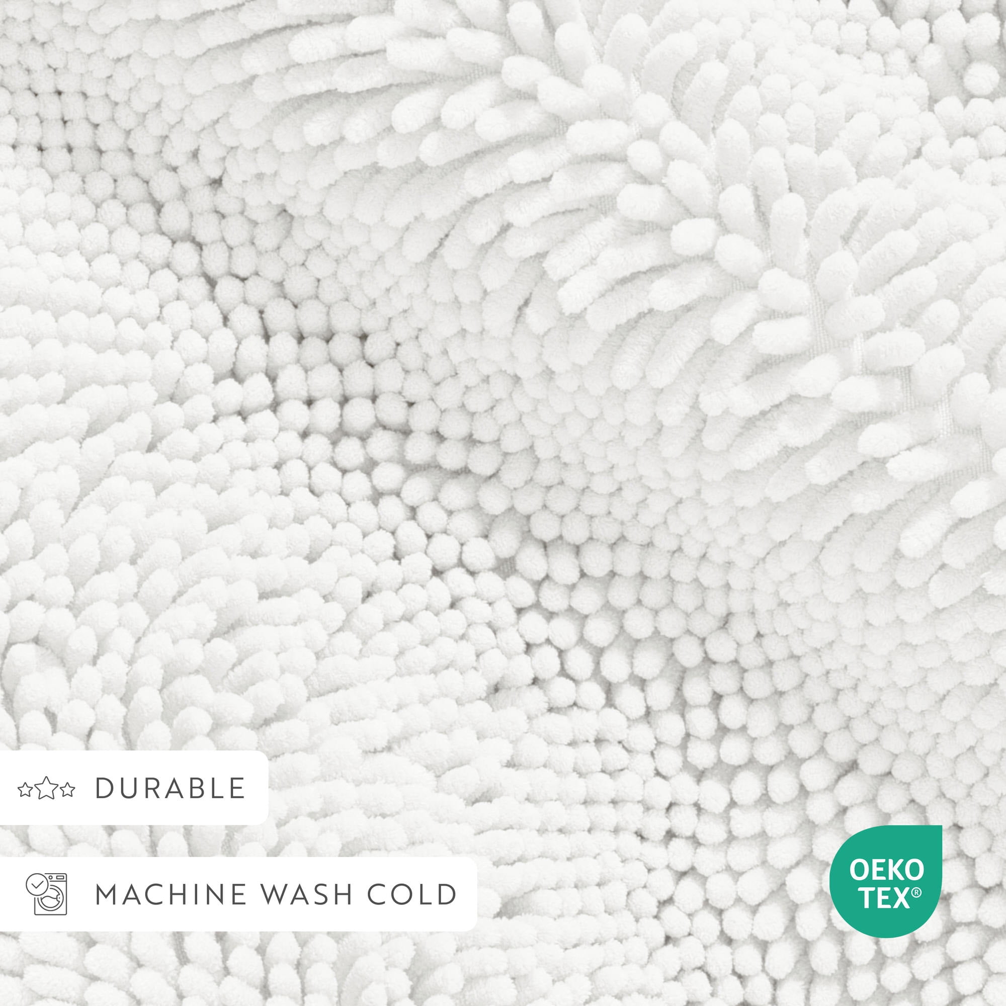 Soft Absorbent Chenille Bath Mat Rug with Anti-Skid Rubber Backing, 34 x 21, White, by Noble Linens