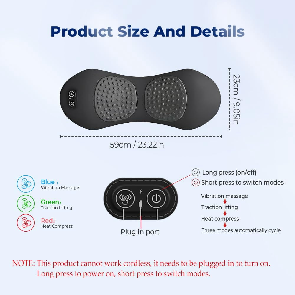 Smooth Triple Fusion Back Massager, 2026 Upgrade Electric 3 in 1 Lumbar Pillow for Bed and Chair, Back Massager with Vibration and Traction for Back and Neck and Shoulder
