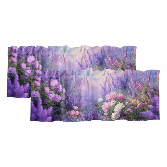 Purple Lavender Curtain Valances for Windows, Kitchen Valance Window Treatments Panel 2 Pack, Spring Watercolor Country Wildflowers Rod Pocket Short Curtains for Bathroom Bedroom 54 x 18 Inch