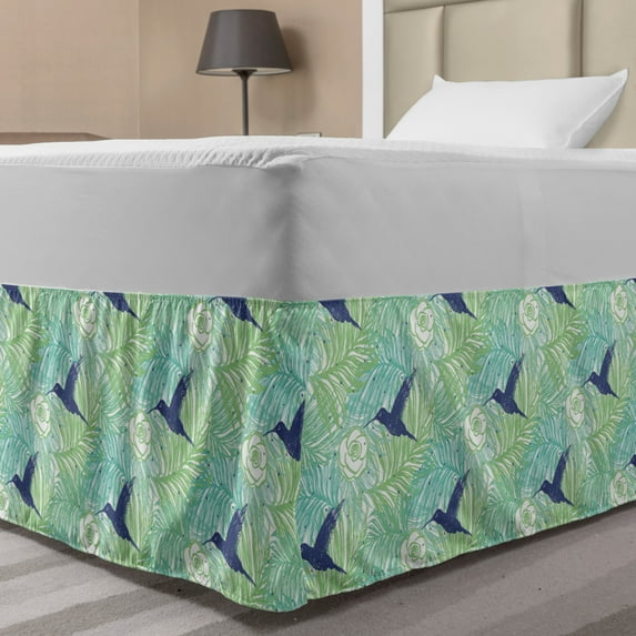 Exotic Bed Skirt, Colorful Demonstration of Natural Palm Leaves Flowers and Bird Silhouettes, Elastic Bedskirt Dust Ruffle Wrap Around for Bedding Decor, 4 Sizes, Lavender and Green, by Ambesonne