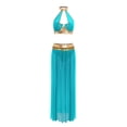 thumbnail image 3 of YiZYiF Women's Belly Dance Costume Halter Crop Top with Sequin Tassel Split Mesh Long Skirt 2Pcs Set Sky Blue A XL, 3 of 6