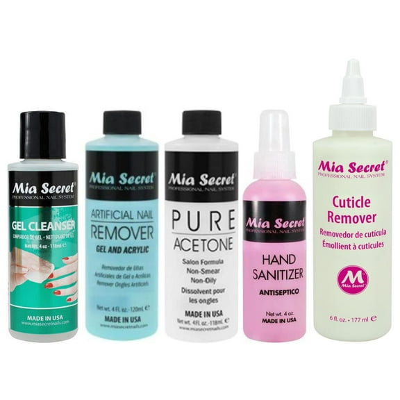 Mia Secret Gel Cleanser 4 oz, Pure Acetone 4oz, Hand Sanitizer 4 oz, Artificial Nail Remover4 oz & Cuticle Remover 6 oz