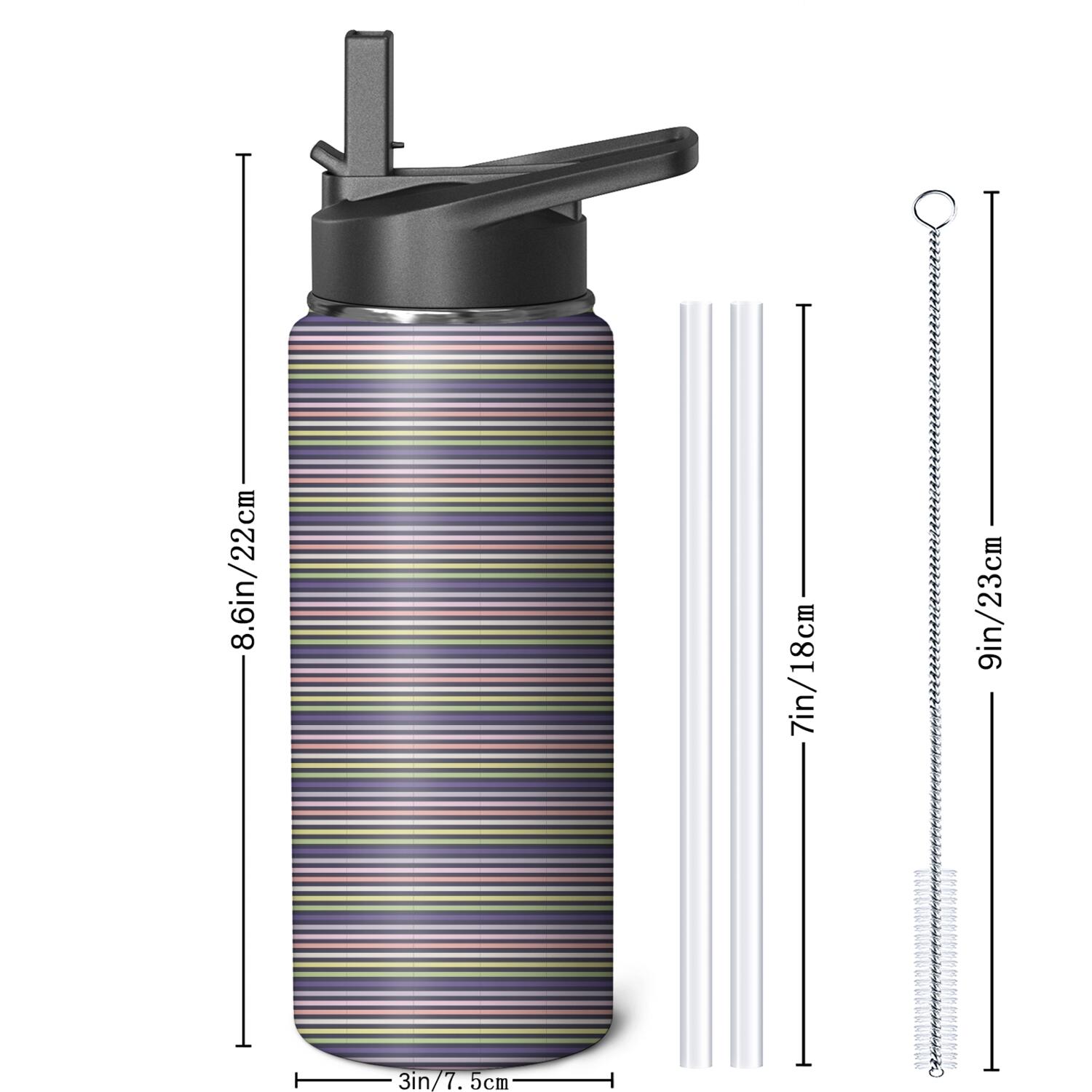 Modern 18 oz Insulated Stainless Steel Water Bottle with Straw & Cleaning Brush , Leakproof, BPA-Free, 304 Stainless Steel, Wide Mouth, Travel Mug for Car, Gym, Office