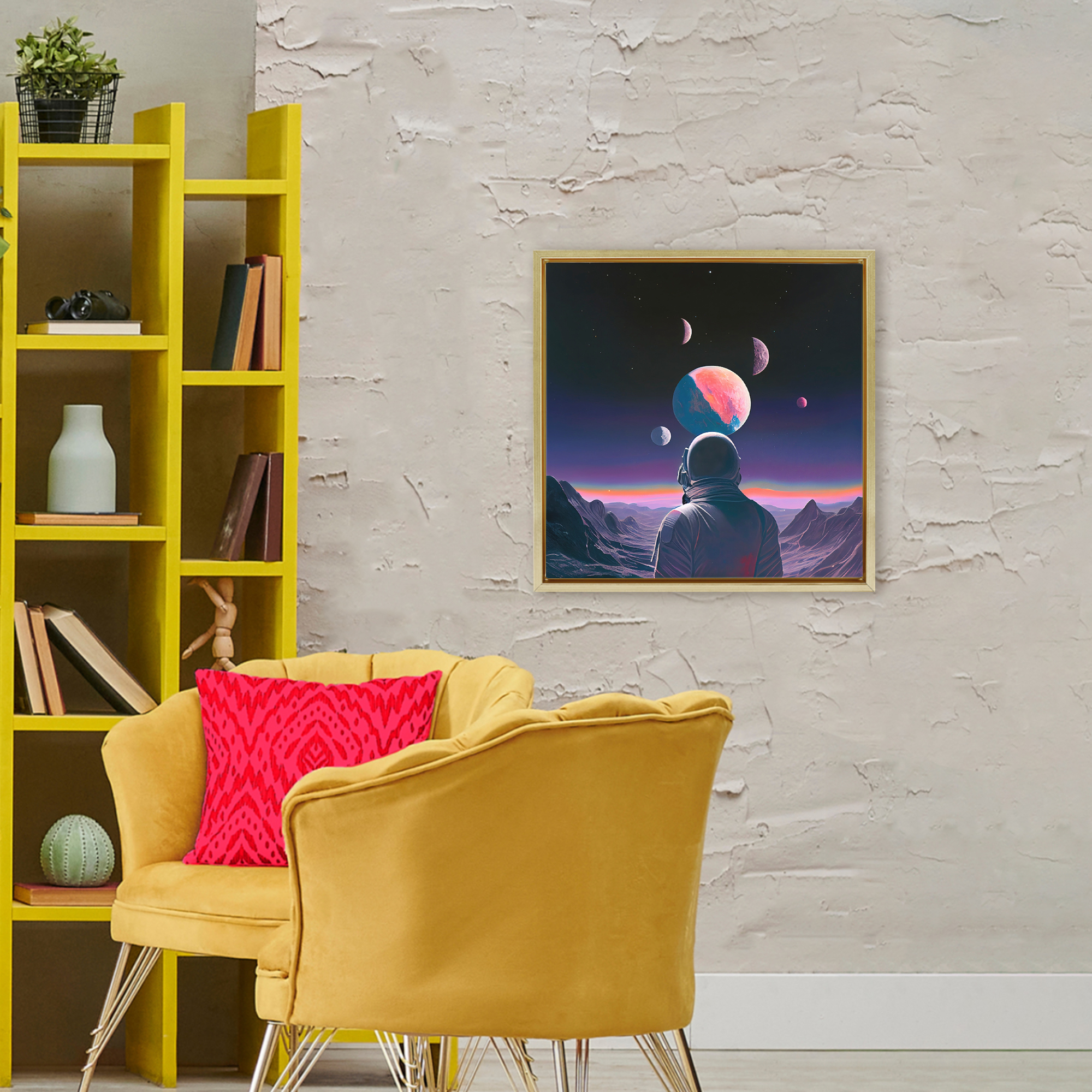 Astronaut & Purple Toned Terrain Gold Framed Floater Canvas Wall Art, design by Sasha