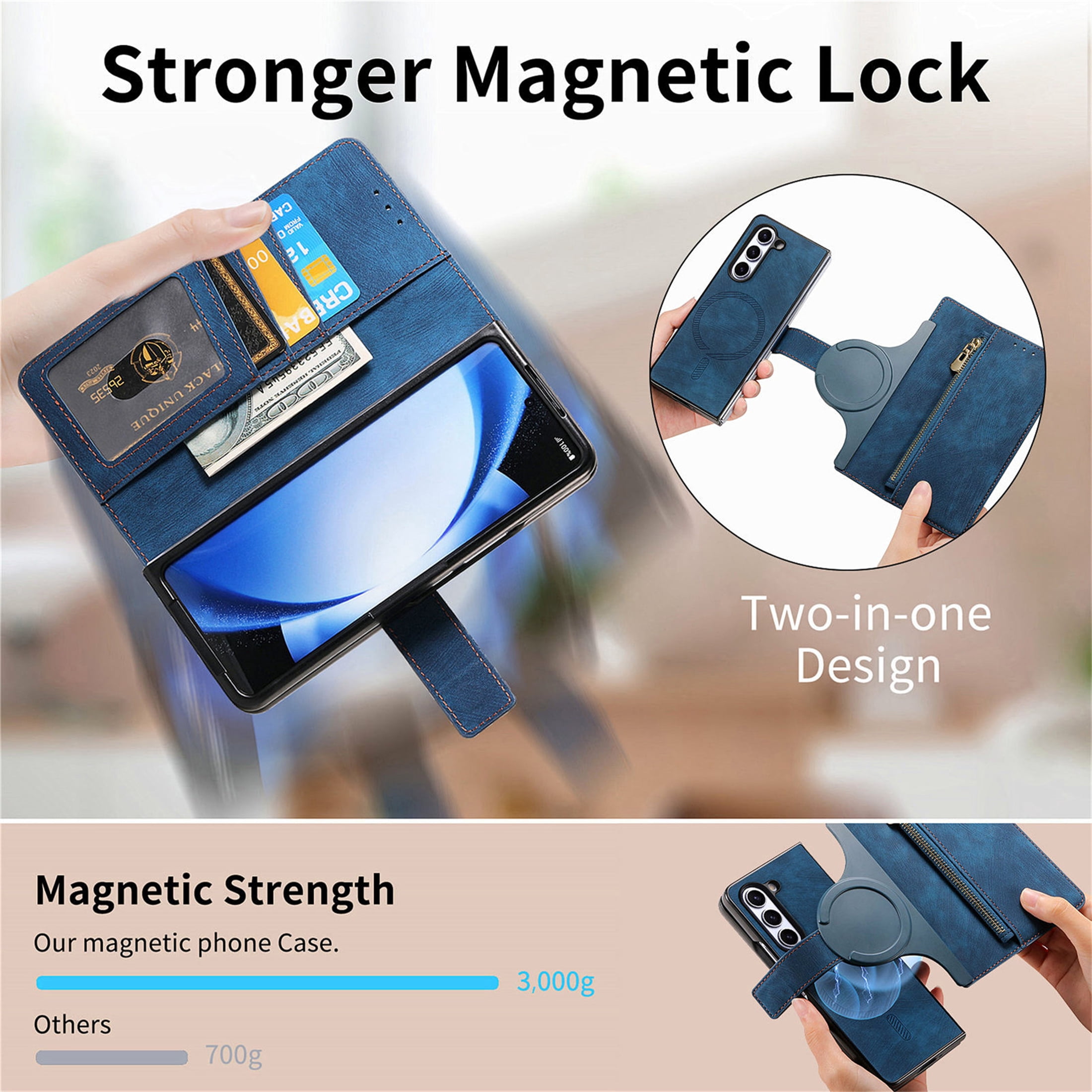 CCSmall for Samsung Galaxy Z Fold 6 5G Detachable Magnetic Wallet Phone Case, RFID Blocking Material Retro Folio Flip Leather Case Zipper Purse Cover with Card Slots for Galaxy Z Fold6 KQX Blue