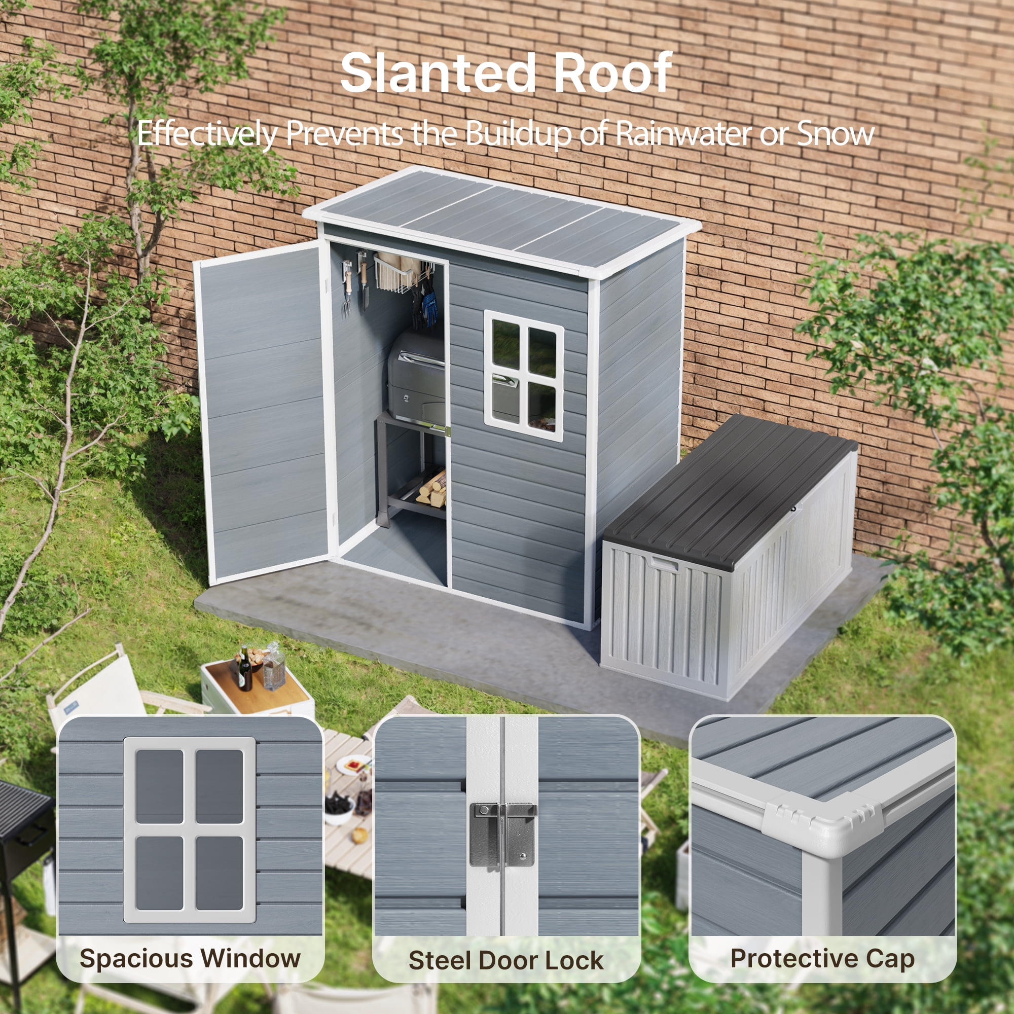 Plastic Shed,5x3 FT Outdoor Storage Shed with Floor to Store Patio Furniture for Yard & Bikes - Gray