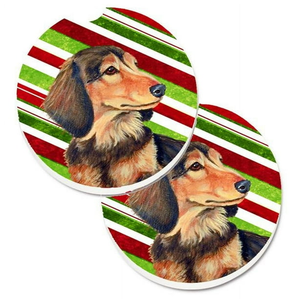 Carolines Treasures LH9256CARC Dachshund Candy Cane Holiday Christmas Set of 2 Cup Holder Car Coaster