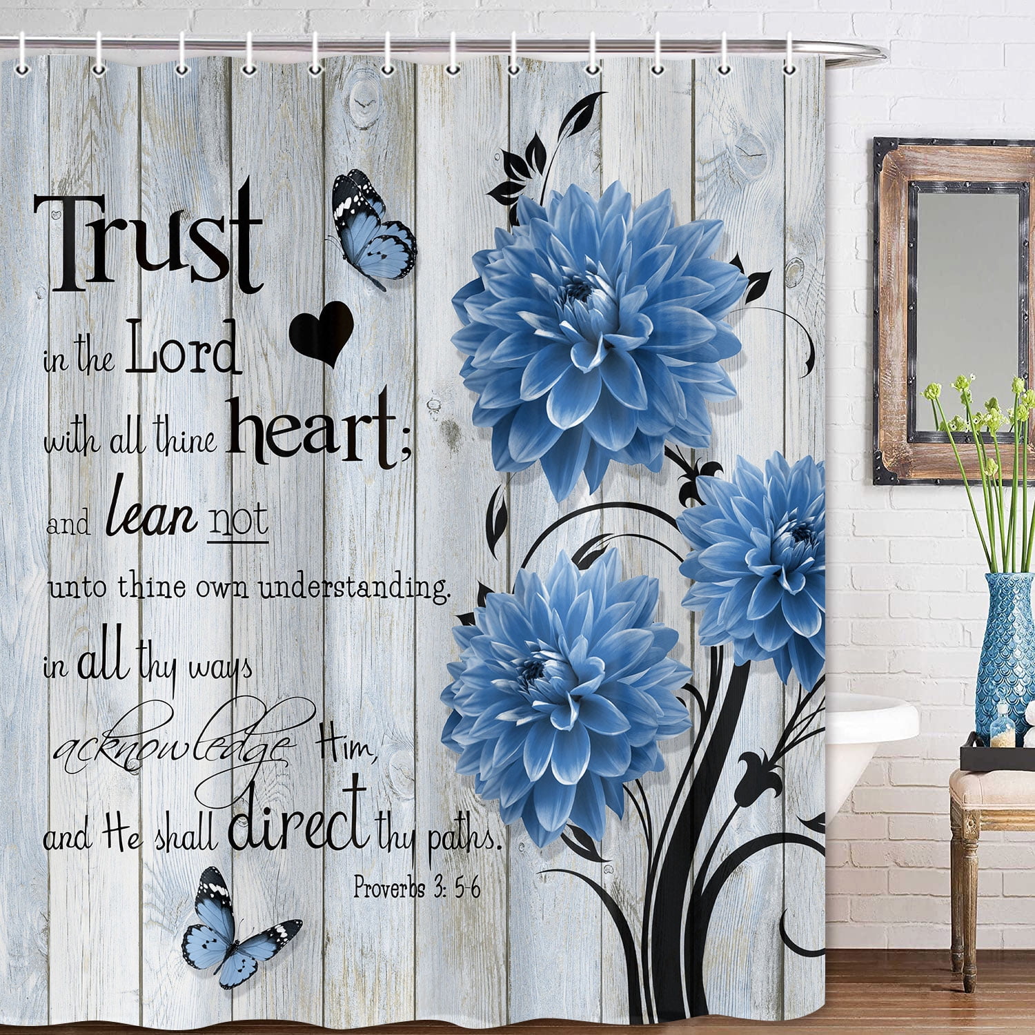 Farmhouse Flower Butterfly Bathroom Curtain, Rustic Blue Floral Dahlia Wooden Shower Curtain, Inspirational Quote Bath Curtain, Washable Fabric Shower Curtain Set with Hooks 72X84in