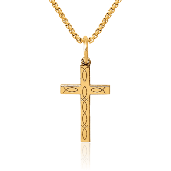 14K Solid Yellow Gold Ichthus Fish Symbol Latin Mexican Holy Cross Necklace Religious Chain Pendant Jesus Christ Charm