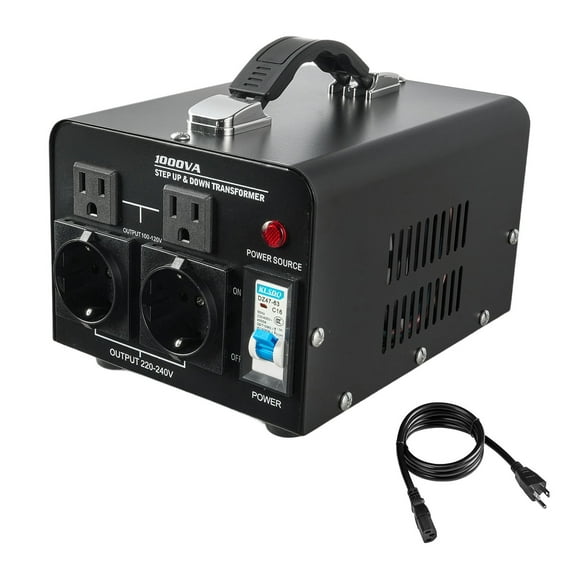 KFFKFF Voltage Converter Transformer, 1000VA, Durable Step Up/Down Power Transformer, Switches Between 110V and 220V, Includes US and EU Outlets, Power Cord, and Circuit Breaker Protection