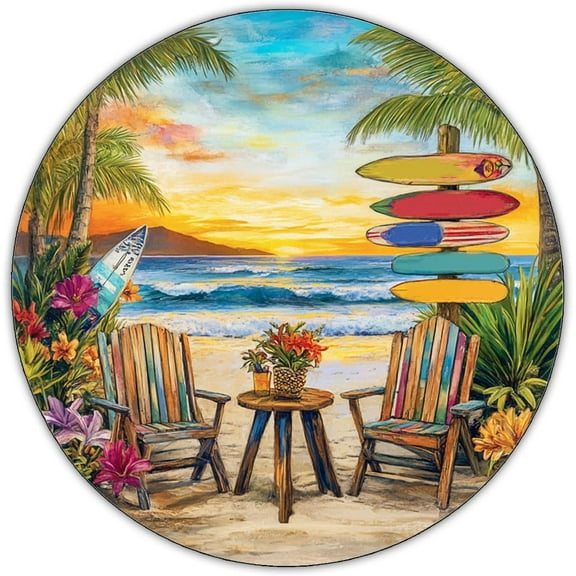 CAEJCCL Beach Chair Metal Tin Sign Vintage Summer Round Sign Wall Decor for Home Yard Entryway Office Cafe 8 Inch