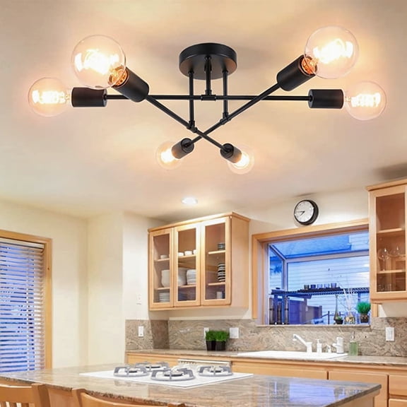 Senhu Sputnik Chandelier Light Fixture Modern Sputnik Ceiling Lights Black Mid Century Sputnik Light Fixture, Semi Flush Mount, for Bedroom Kitchen Dining Room, 6 Lights, Bulbs Not Included