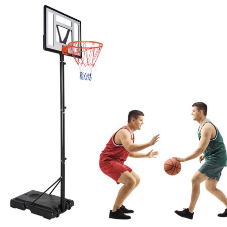 Sesslife Height Adjustable Basketball System, Portable Basketball Hoop Stand with 35 Inch Backboard, Wheels, Outdoor Basketball Hoop for Adults Teens Kids, Black&Clear