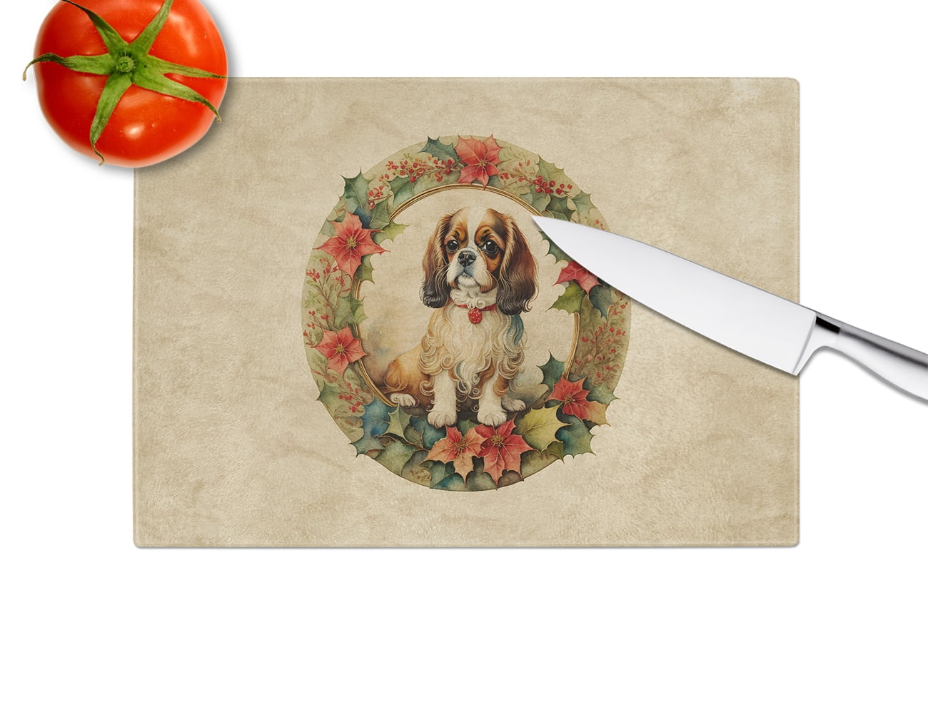 English Toy Spaniel Christmas Flowers Glass Cutting Board 12 in x 15 in