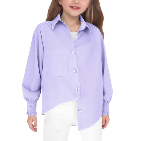 Ruyang Girls Smocked Cuff Blouse Top Irregular Hem Button Down Shirts Spring Long Sleeve Lapel Neck Trendy School Shirt