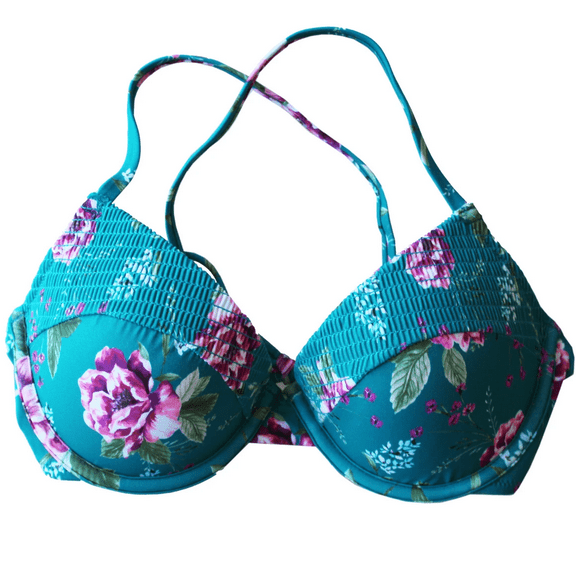 Women's Bathing Suit Top in Ocean Blue with Floral Design, Comfortable, Supportive, Stylish Swimwear, Mixed Sizes Per Container, Perfect for Summer Fun and Water Activities, 32B size