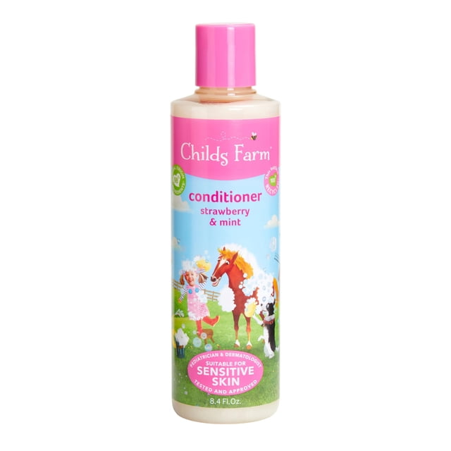 Childs Farm Acondicionador de cabello para niños para piel seca y cuero cabelludo sensible, fresa y menta orgánica, acondiciona y nutre vegano, sin crueldad, 8.4 onzas líquidas