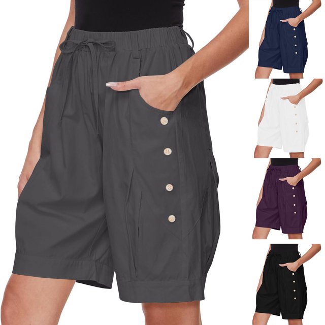 FNFYFH Walmart Weekend Deals Plus Size Shorts for Women Drawstring Elastic High Waisted Shorts Comfy Lightweight Wide Leg Shorts Summer Solid Color Short Pants,Black S-XXL