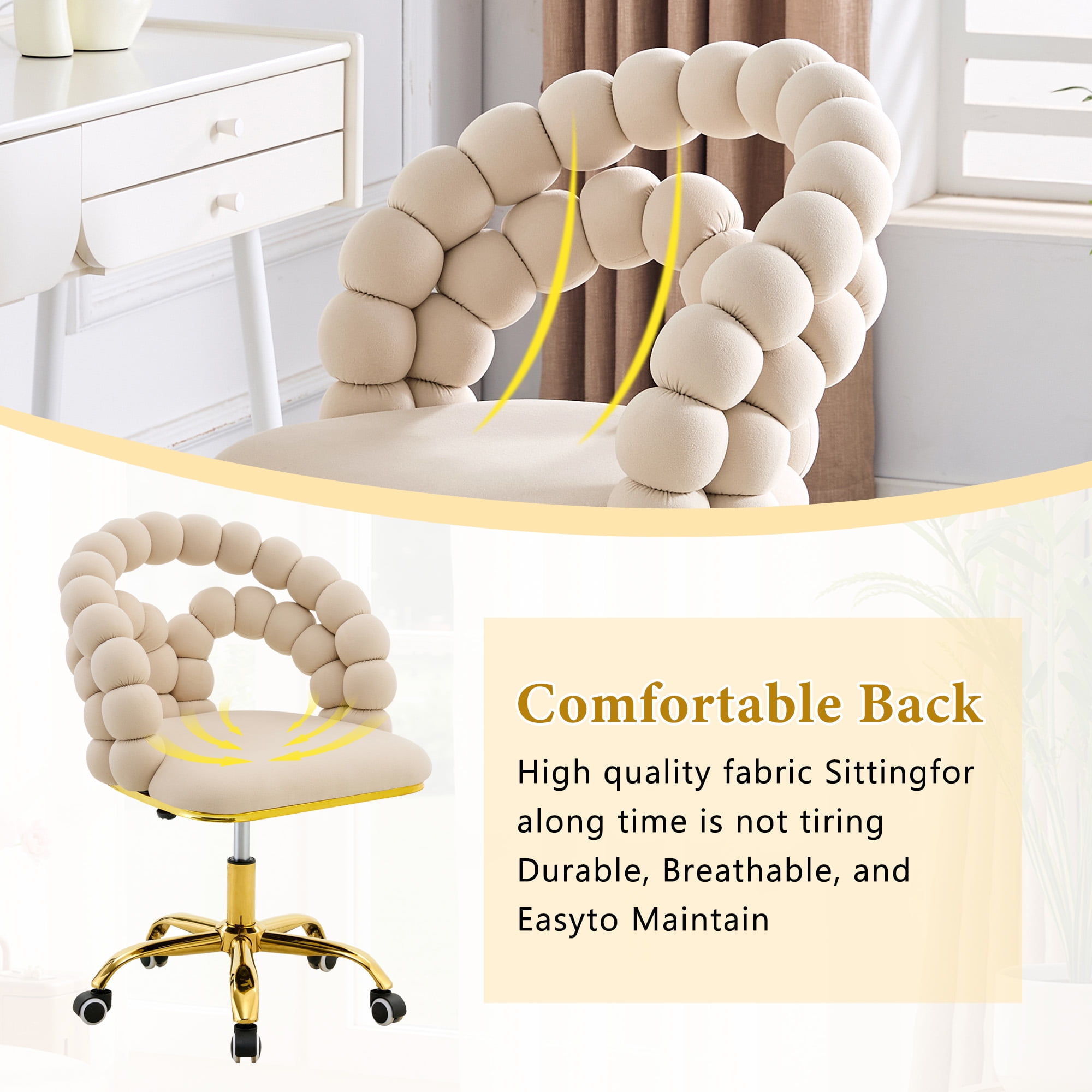 Velvet Swivel Desk Chair with Wheels, Comfortable Adjustable Height Vanity Chair, Bubble Back Computer Task Chair Beige Computer Desk Chair