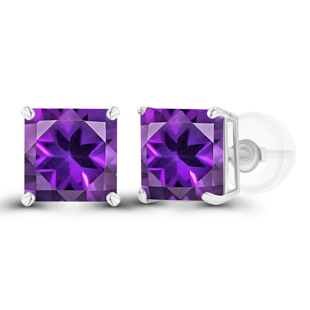 Genuine 925 Sterling Silver 6mm Square Natural Purple Amethyst February  Birthstone Genuine Stud Earrings For Women and Girls