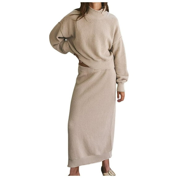 Women's 2 Piece Sweater Set Outfits Long Sleeve Oversized Top Bodycon Maxi Long Skirt Knit Dresses Beige L