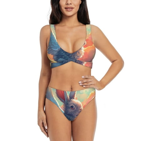 Zeuib Sunshine Winged Rabbit High Waisted Tummy Control Bikini Set - Knot Front Push Up Top & Cheeky Thong Bottom  Two-Piece Swimsuit for Women-Medium