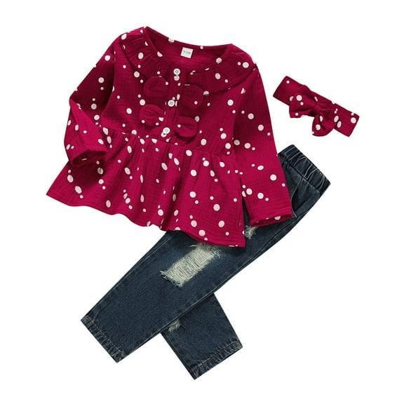 Odeerbi Baby Girls Clothes Toddler Outfit Newborn Suit Pullover Suit Printed Polka Dot Bow 2025 Long Sleeved Blouse Denim Trousers Burgundy