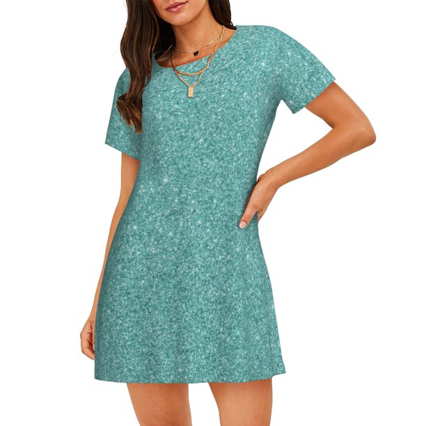 Disketp Teal Green Glitter para Camisón Corto de Manga Corta para Mujeres, Camisón Cómodo con Escote Redondo, Bonito y Confortable