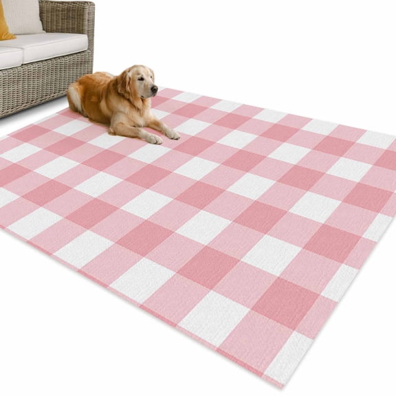 Outdoor Rug 4x6 ft Pink Gingham Buffalo Check Waterproof Outdoor Patio Rug Mat Non Slip Outside Area Rugs Carpet for RV,Camping,Porch,Deck,Pool,Balconybackyard,Pink White Plaid