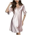 thumbnail image 2 of Satin Nightgowns for Women Silk Sleepwear Button Down Sleepshirt 3/4 Sleeve V-Neck Nightshirts with Pockets, 2 of 8