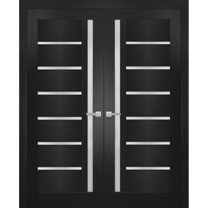Solid French Double Doors | Quadro 4088 Matte Black with Frosted Glass | Wood Solid Panel Frame Trims | Closet Bedroom Sturdy Doors