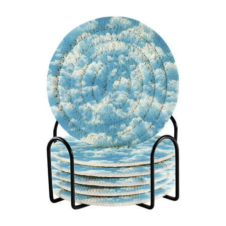 

6 Pcs Drink Coasters with Holder Absorbent Coasters Minimalist Home Decor Coaster Set Stylish Handmade Round Woven Coaster for Drinks Table Desk Protection Clouds