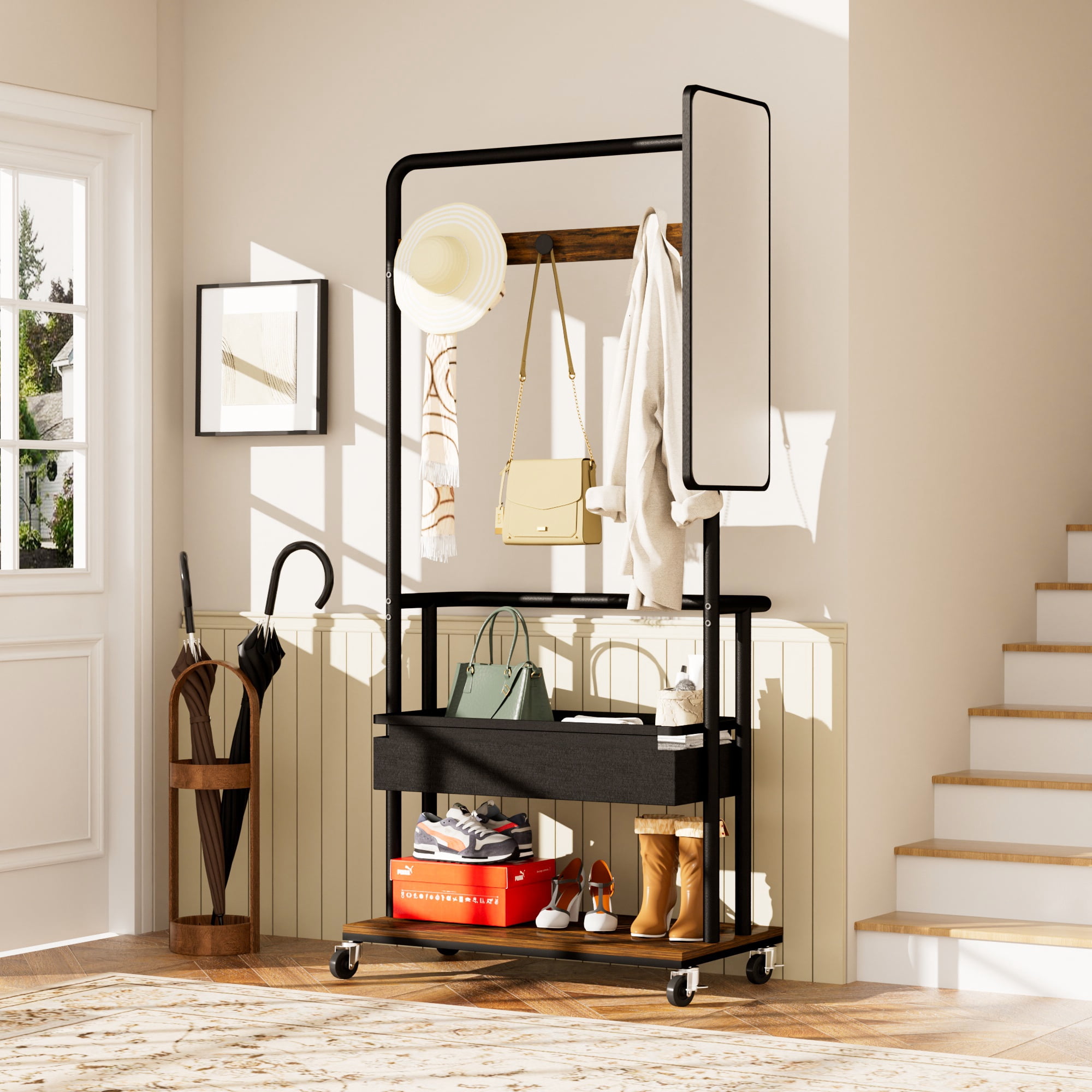 Leumius 3-in-1 Metal Coat Rack with Basket, Mirror, Hanging Coat Rack, Mobile Coat Rack with Casters for Bedrooms, Entrances and Living Rooms Large Storage Capacity Brown
