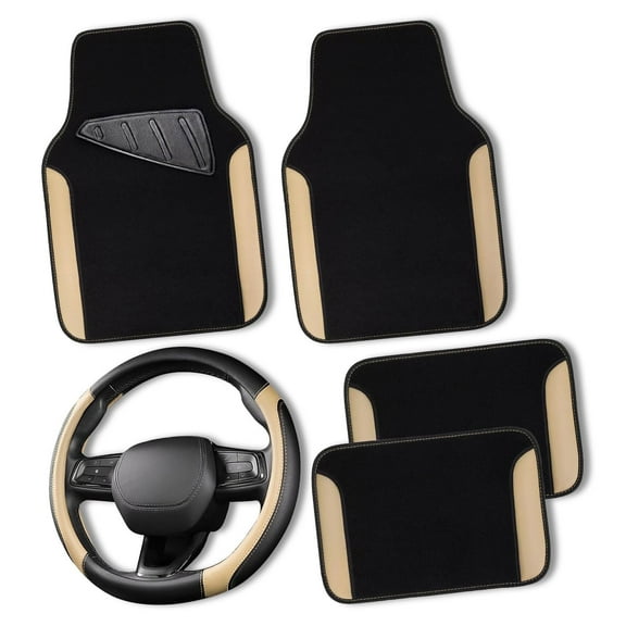 CAR GRAND Faux Leather Car Steering Wheel Cover Combo Pack Car Floor Mats, Universal Fit Waterproof Anti-slip Carpet 14.5-15 Inches Beige & Black