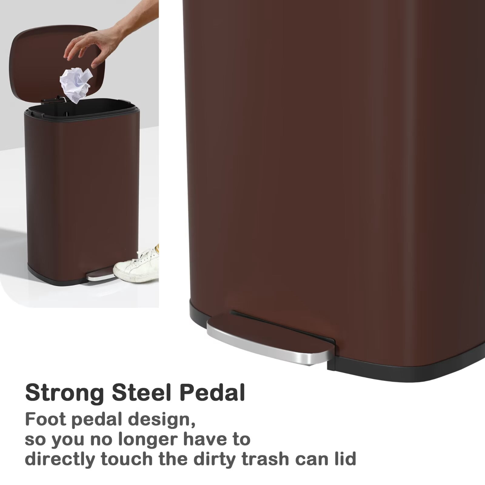 YRLLENSDAN 50 Liter/13 Gallon Stainless Steel Trash Can, Garbage Can with Lid and Removable Inner Bucket, Fingerprint Proof Trash Bin for Bathroom Kitchen Bedroom Office, Brown