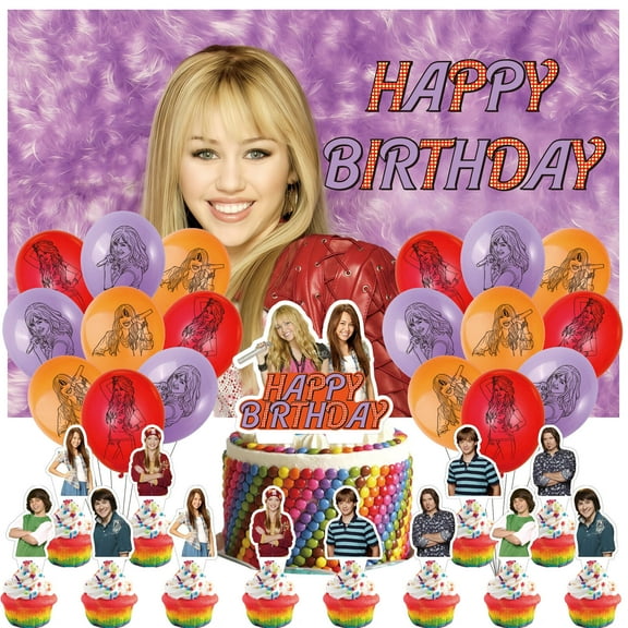 32 Pcs For Hannah Montana Theme Birthday Party Supplies Party Favor Set,With 18 Balloons,13 Cupcake Toppers,5*3ft Birthday Backdrop Decorations,All-in-One Party Supply Set