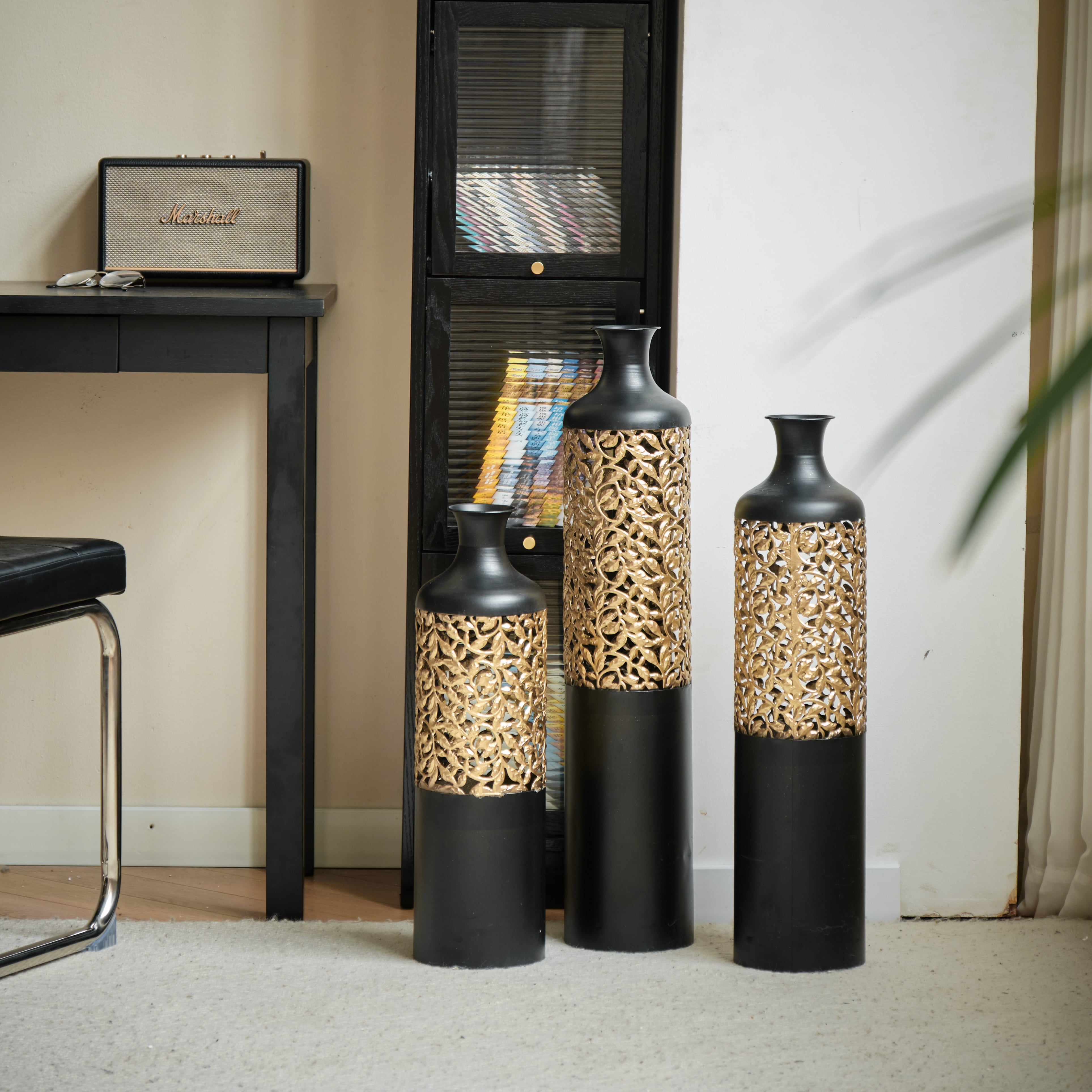 Aukfa Metal Decorative Tall Floor Vase,Set of 3 Large glazed Vases,20.8"/ 24.8"/28.7" H,Black
