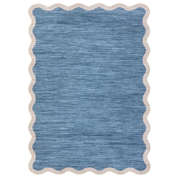 LUKU 6'x9' Solid Scalloped Microfiber Area Rug, Washable Low-Pile Stain-Resistant Carpet with TPR Non-Slip Backing for Indoor Rooms, Gray Blue