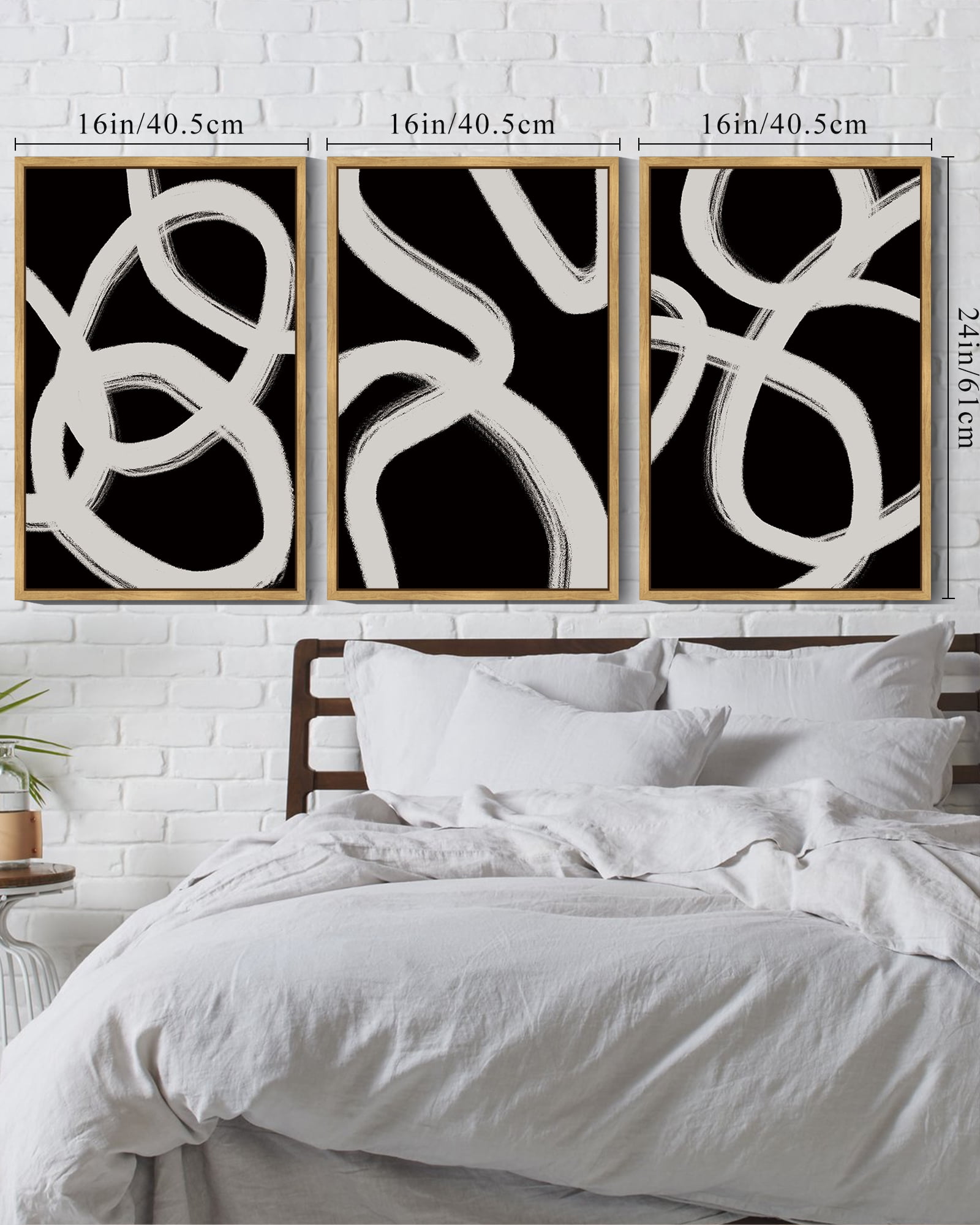 SHENIFY Black Abstract Boho Wall Art 16x24in3pcs Nautral Framed Wood Geometric Wall Decor Mid Century Modern Minimalist Bohemian Bedroom Decor Canvas Prints Ready to Hang for Bedroom