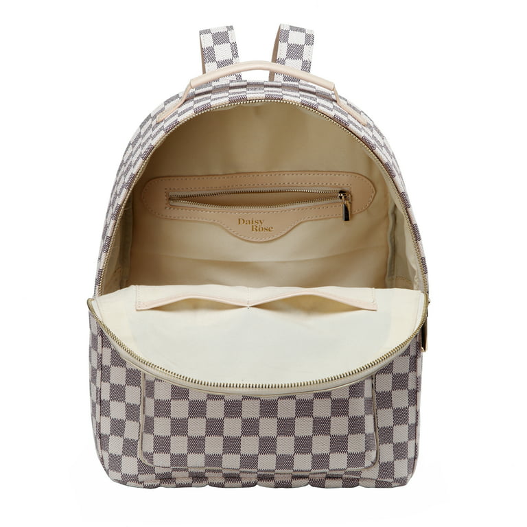 Daisy Rose Checkered Backpack Bag - Luxury PU Vegan Leather- Cream 