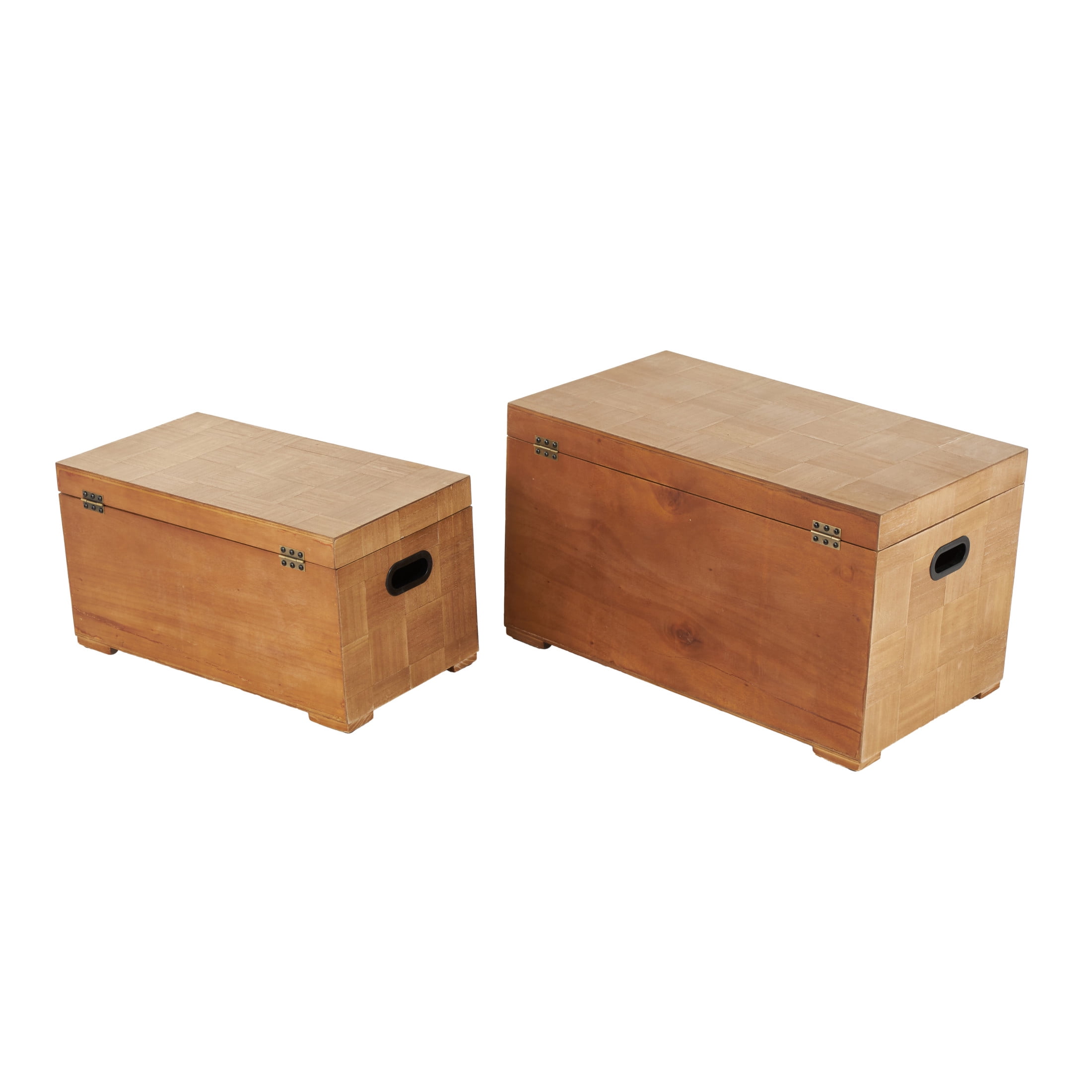 DecMode 28" x 16" Brown Wood Handmade Trunk with Black Metal Accents and Square Patterns, 2-Pieces