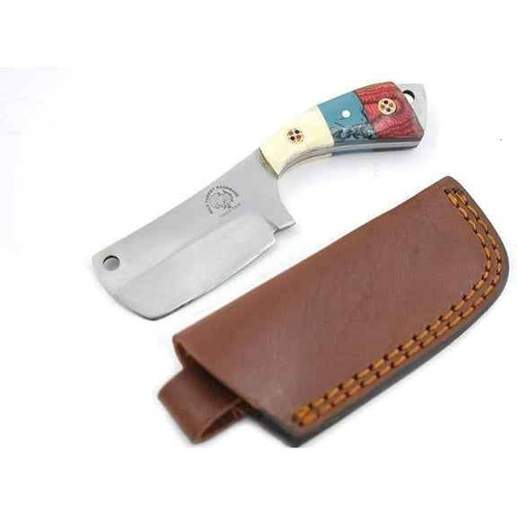 Old Ram Handmade Survival Knife with Multi-Color Handle, Stainless Steel Blade, and Leather Sheath