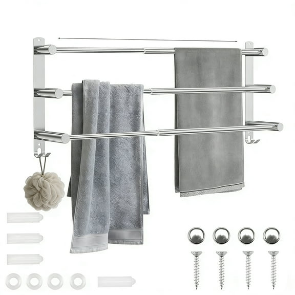 FKSZLL Towel Bars Hanger Stainless Steel Towel Rack, Three Tier Wall Mount Towel Holder, No Punch, Adjustable 17-29 inch with Hooks for Bathrooms and Kitchens