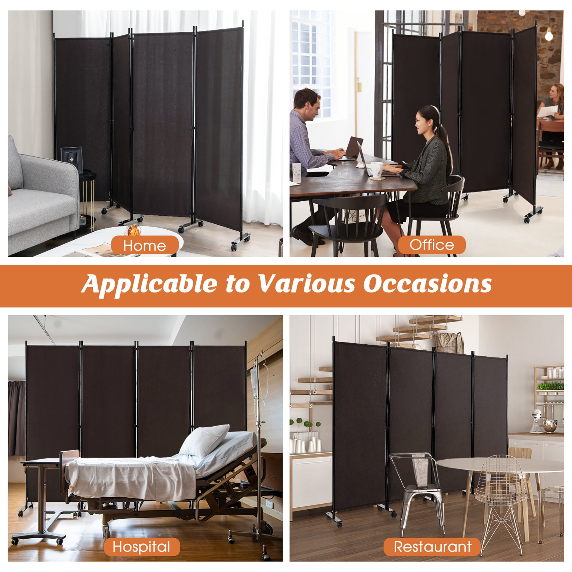 Costway JV10724CF 4-Panel Folding Room Divider 6FT Rolling Privacy Screen with Lockable Wheels, Brown