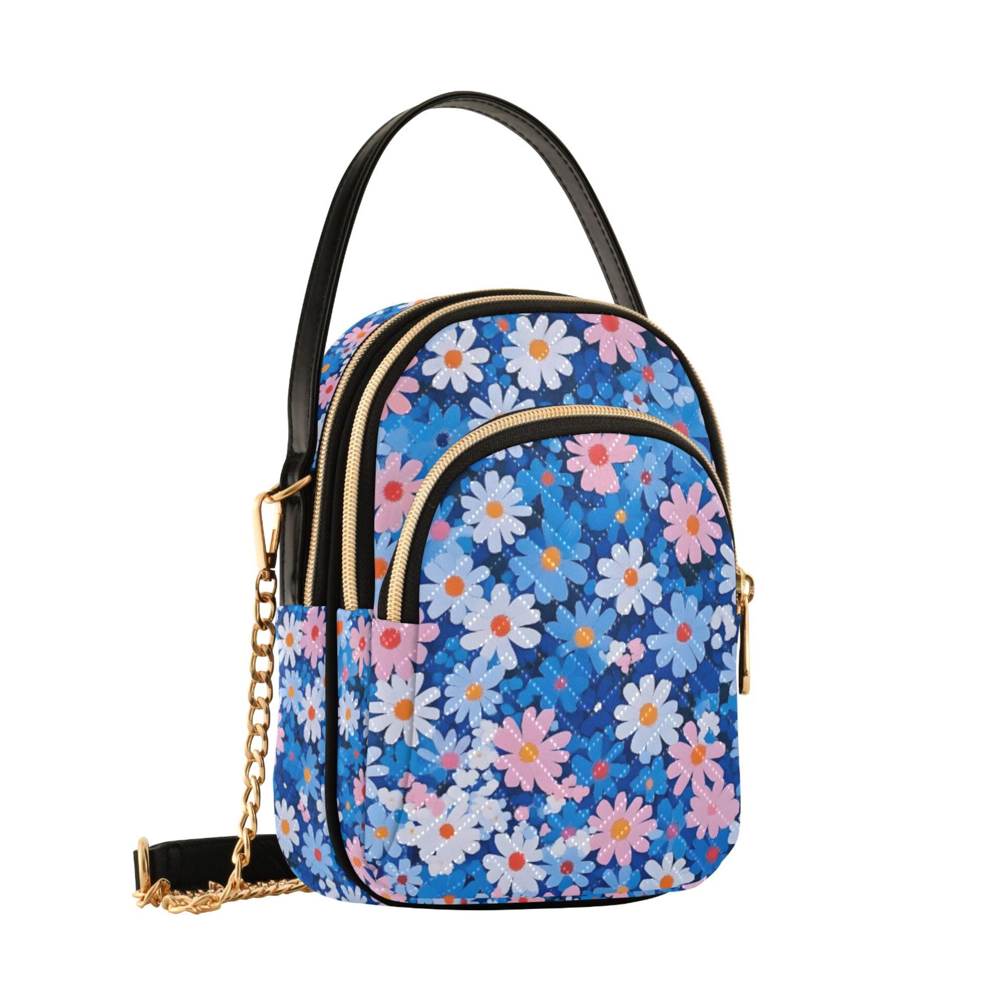 FORMRS Crossbody Bag for Women Quilted Travel Shoulder Cell Phone Purse with Chain Strap Handbag, Blue Daisy