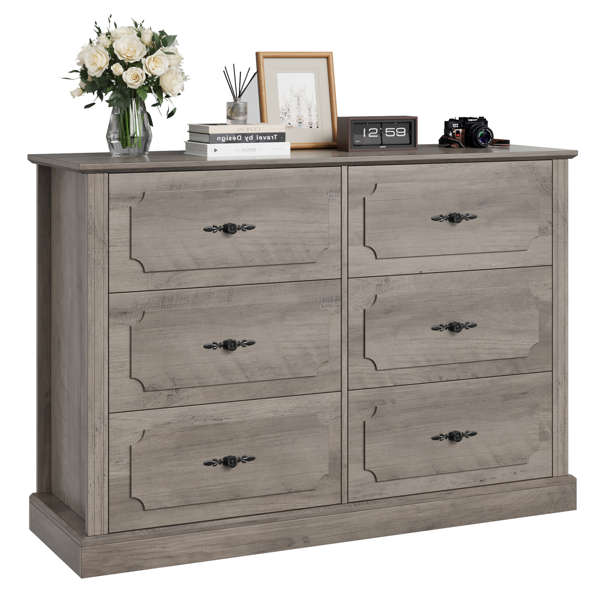Homfa 6 Drawer Double Bedroom Dresser, Vintage Wood Storage Cabinet Large Drawer Chest for Living Room, Easy to Clean Top, Wash Gray - image 2 of 7