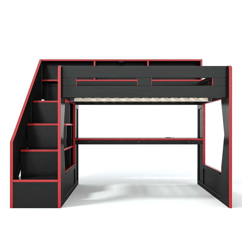 Full Size Teens Gaming Bed Frame with Storage Stair & Open Headboard Shelves, Wood Loft Bed with LED Light & Power Outlet Desk