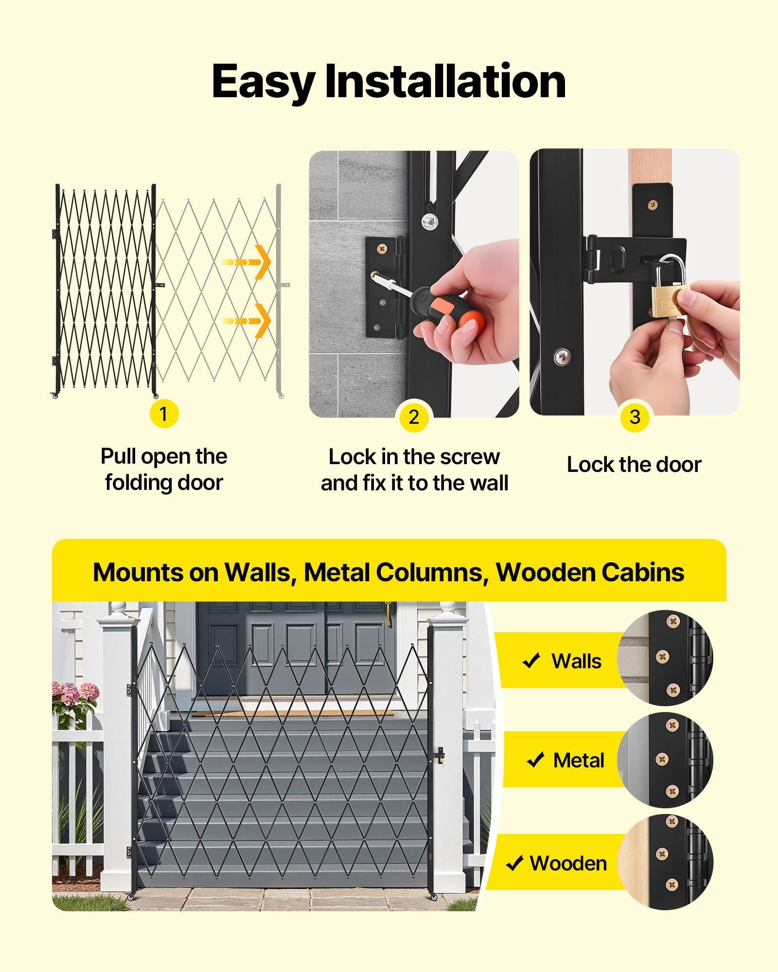 CAFORKP Steel Retractable Folding Gate with Lock, Outdoor Mobile Barrier, Size 86.61" x 86.81"