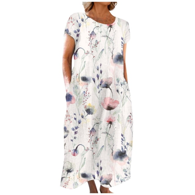 CHOK Robe en Lin Décontractée à Manches Courtes et Col Rond pour Femmes, Couleur Unie, Coton et Lin, Robe d'Été 2024 avec Poches, Gris, TG